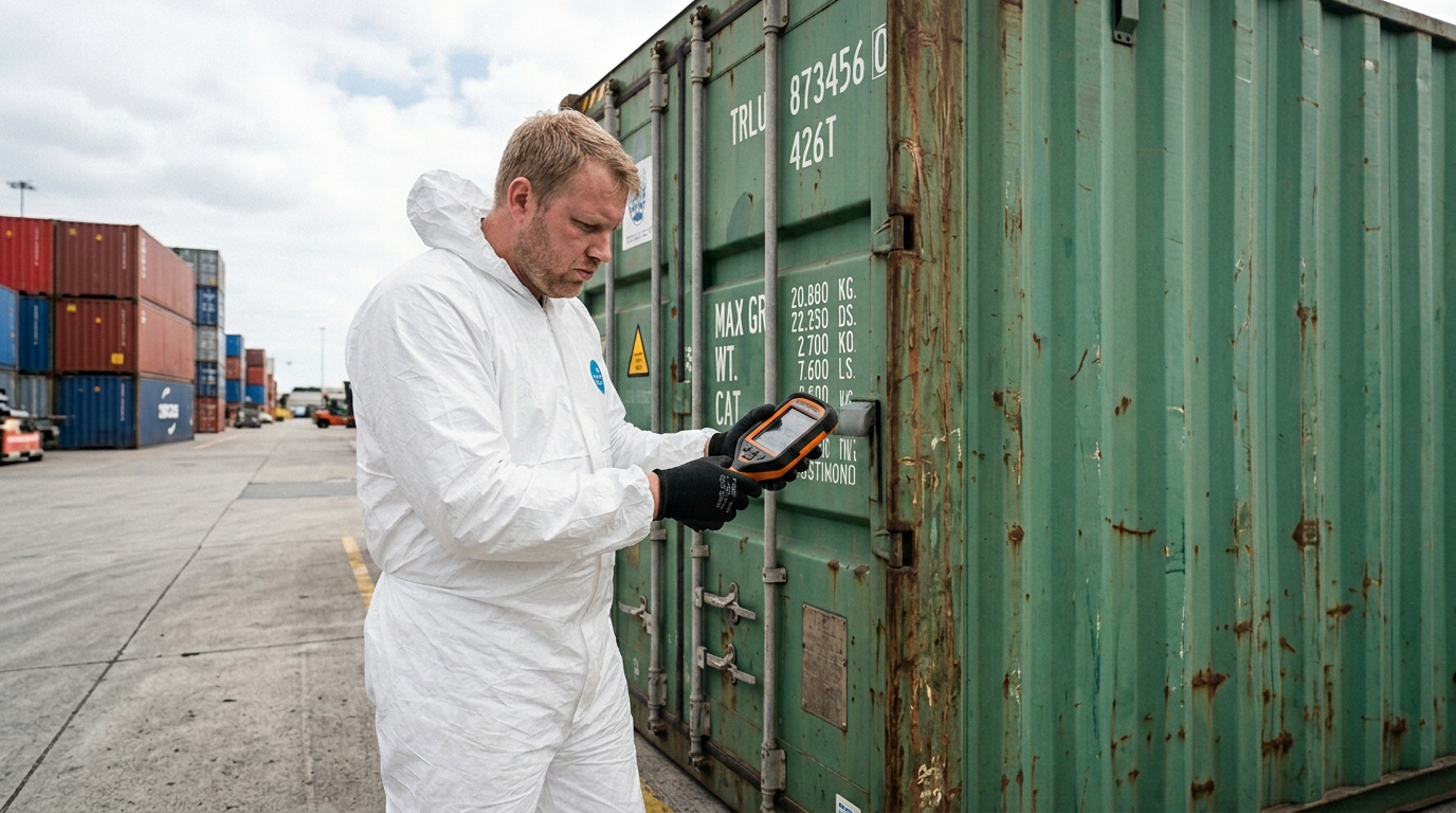Person in protective suit and mask using handheld device to inspect green shipping container